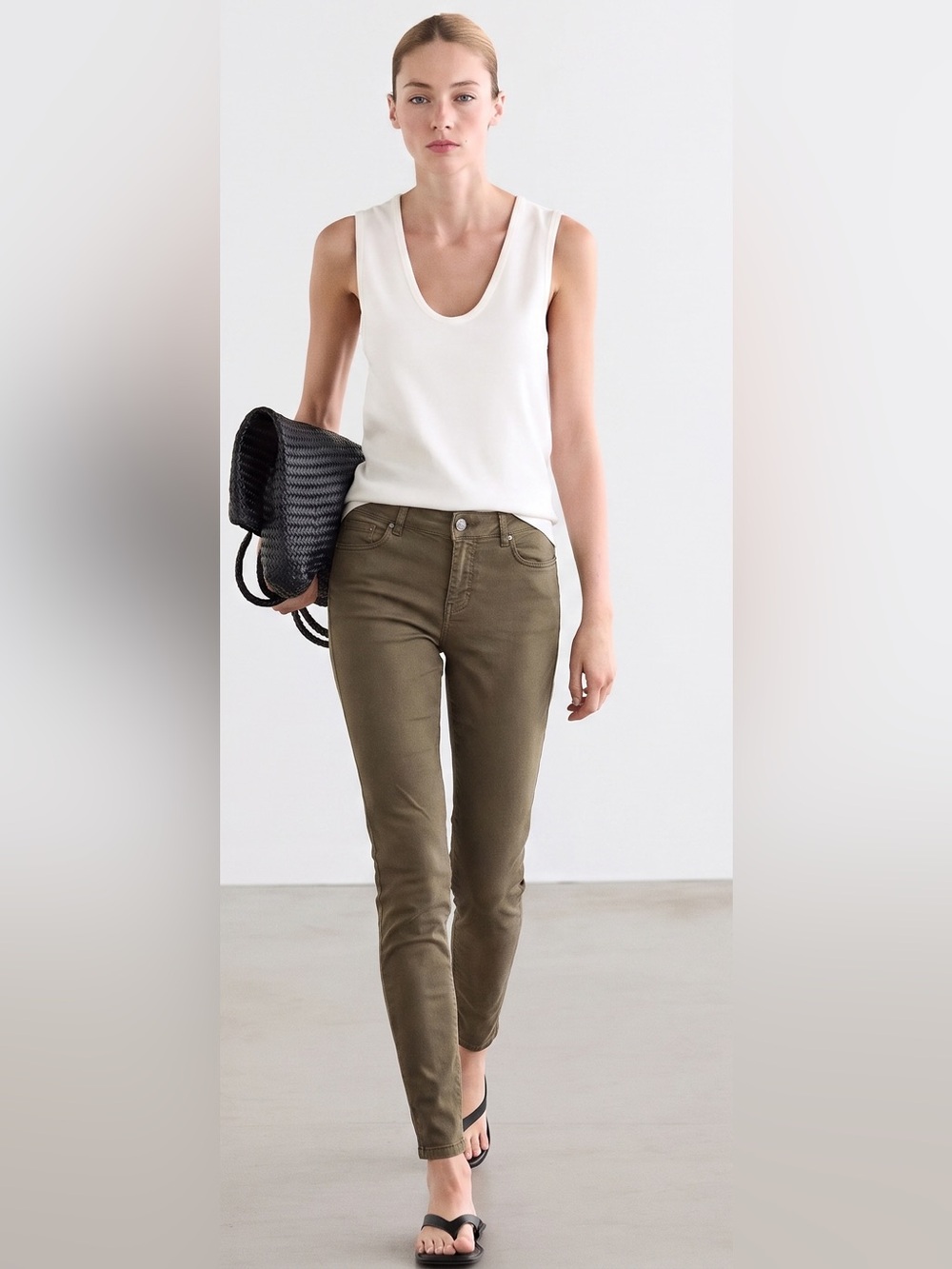 Massimo Dutti Satin Skinny Fit Trousers Olive Green